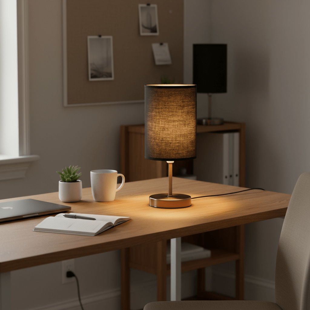 Antique brass table lamp with black shade on a wooden desk, alongside a notebook and coffee mug.