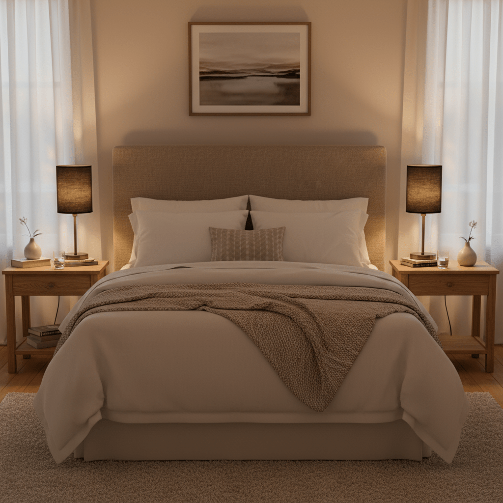 Cozy bedroom scene featuring twin antique brass table lamps on bedside tables, illuminating a stylish bed.