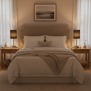 Cozy bedroom scene featuring twin antique brass table lamps on bedside tables, illuminating a stylish bed.