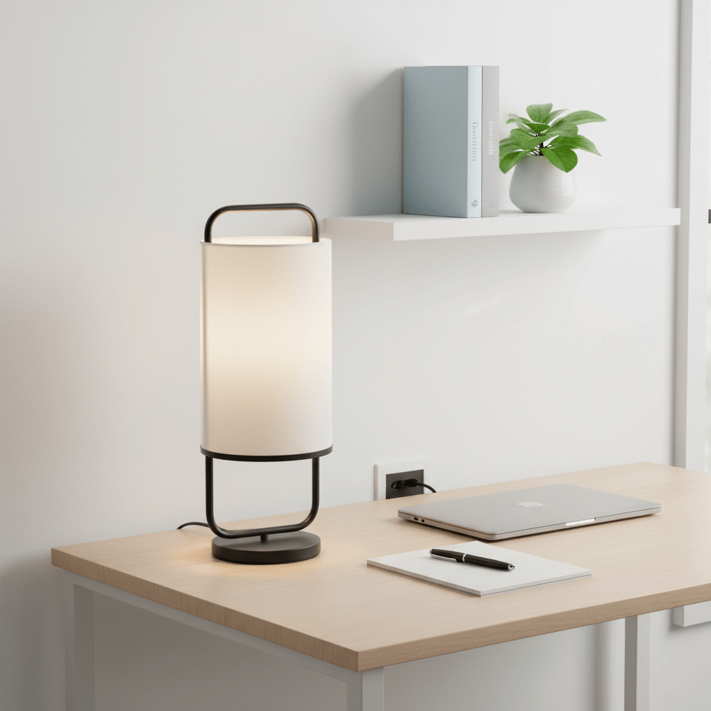 Watson Black & White Cylinder Table Lamp on a wooden desk with a laptop, notebook, and plant.