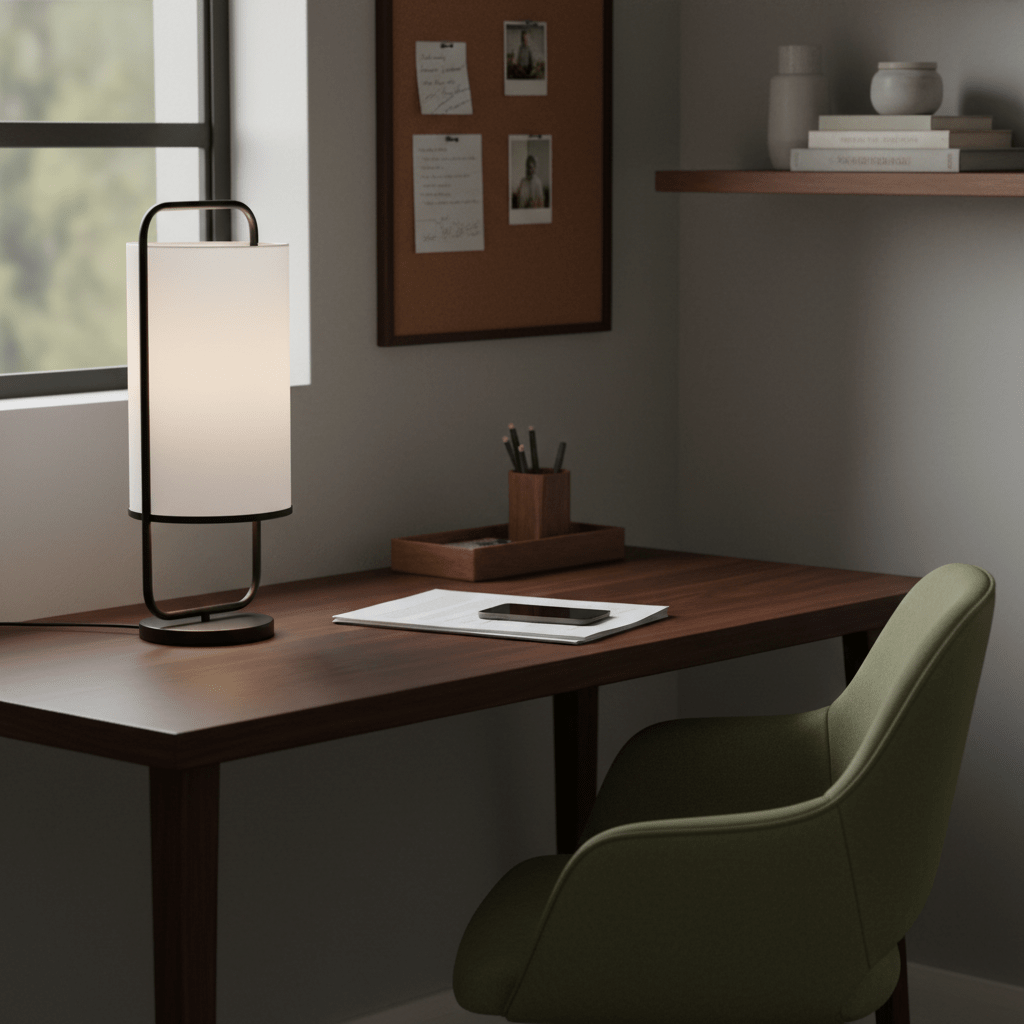 Watson Black & White Cylinder Table Lamp on a wooden desk beside a green chair, with stationery and a phone.