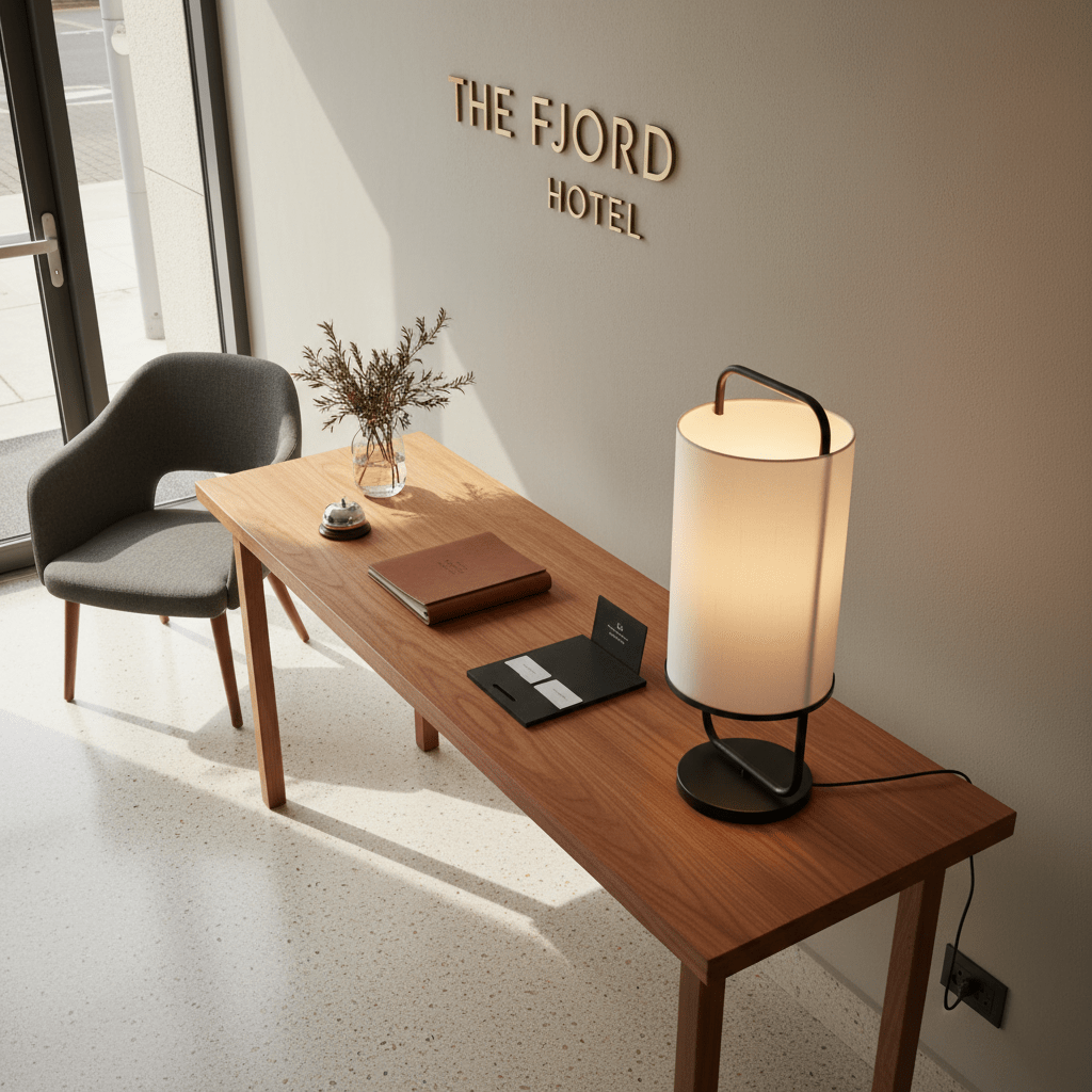 Watson Black & White Cylinder Table Lamp on a wooden table in a hotel lobby setting.