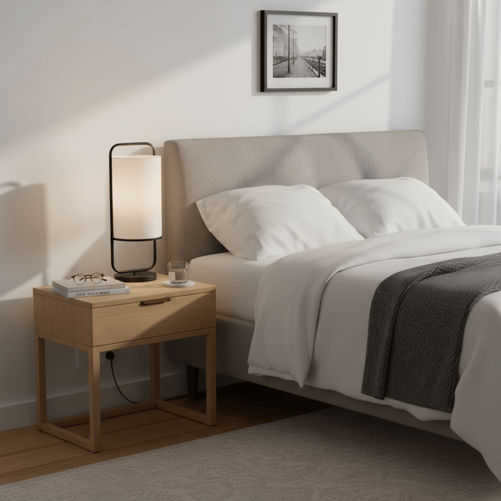 Watson Black & White Cylinder Table Lamp on a bedside table beside a bed with soft linens.