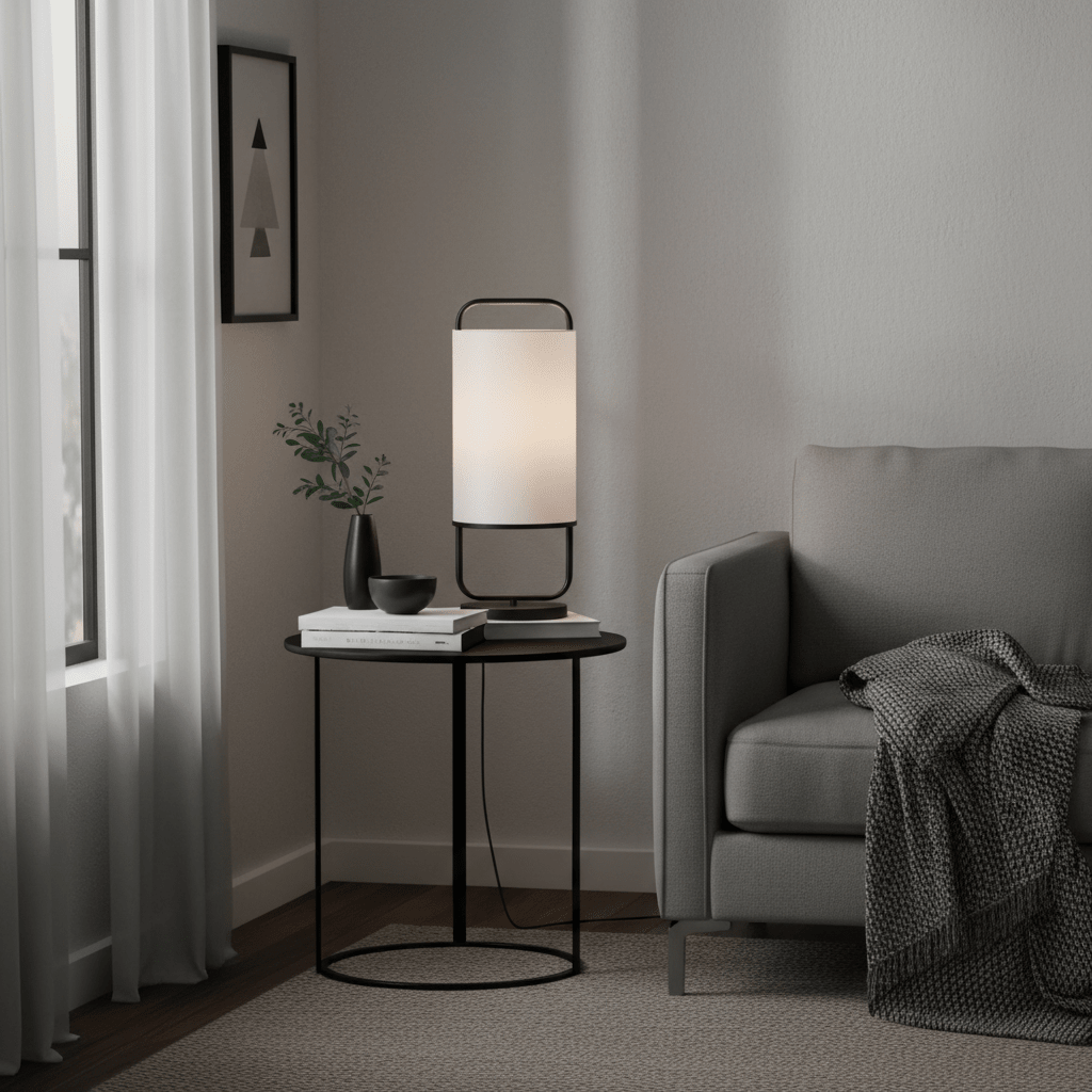 Watson Black & White Cylinder Table Lamp on a side table next to a grey sofa, with decorative items and a plant.