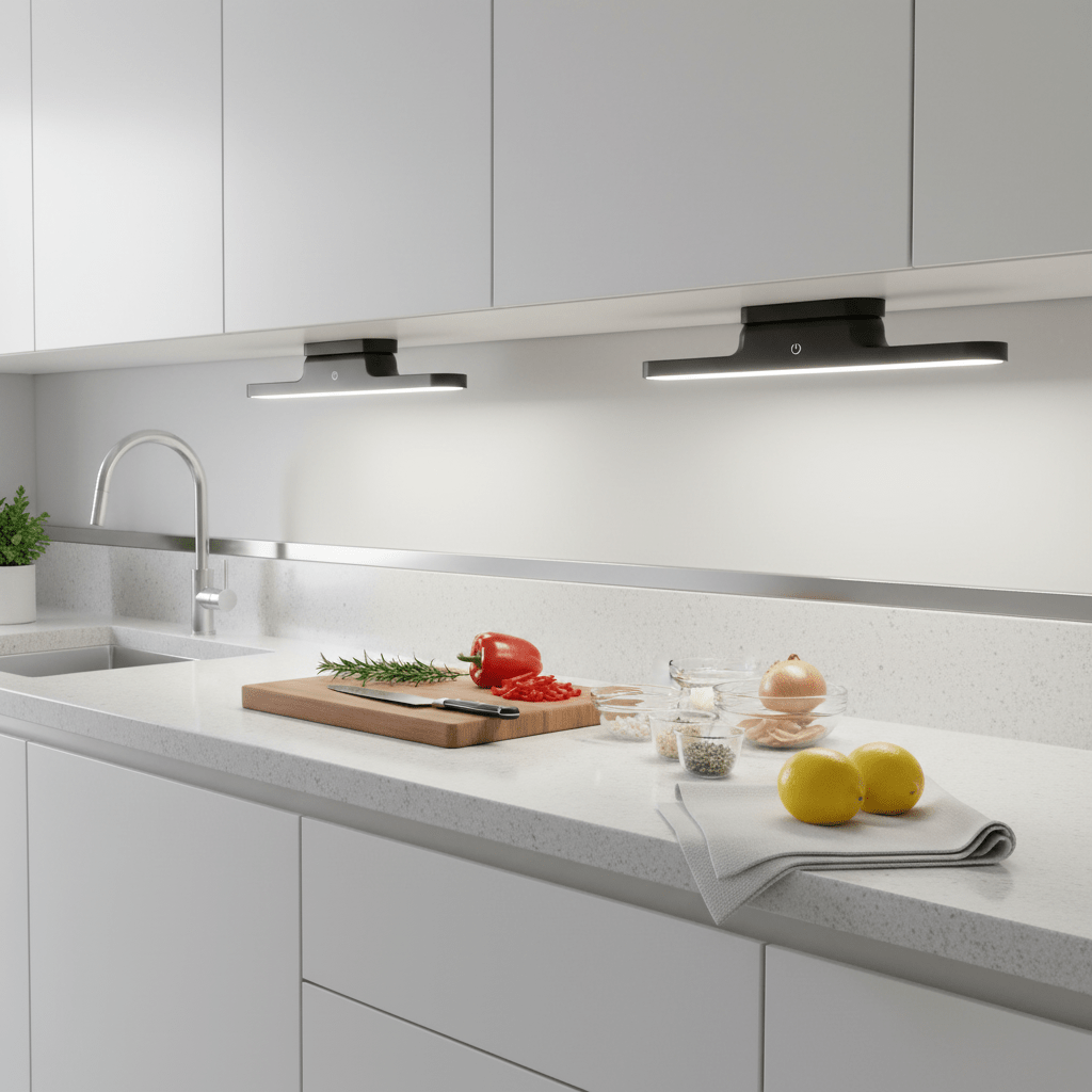 Dimmable cabinet light installed under kitchen cabinets, illuminating a countertop with fresh ingredients.