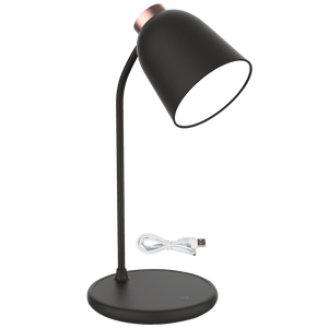 Black desk lamp with USB cable on a white background