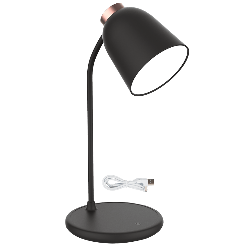 Black desk lamp with USB cable on a white background