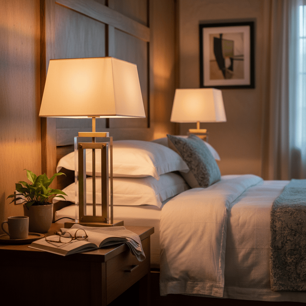 Antique brass and acrylic table lamp on a bedside table, with a cozy bedroom setting.