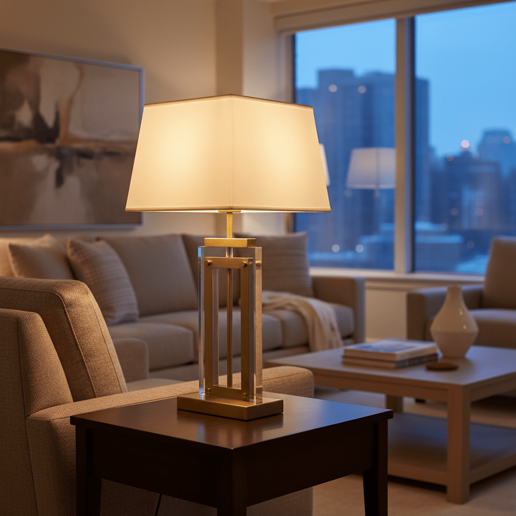 Antique brass and acrylic table lamp on a side table in a cozy living room setting, softly illuminating the space.