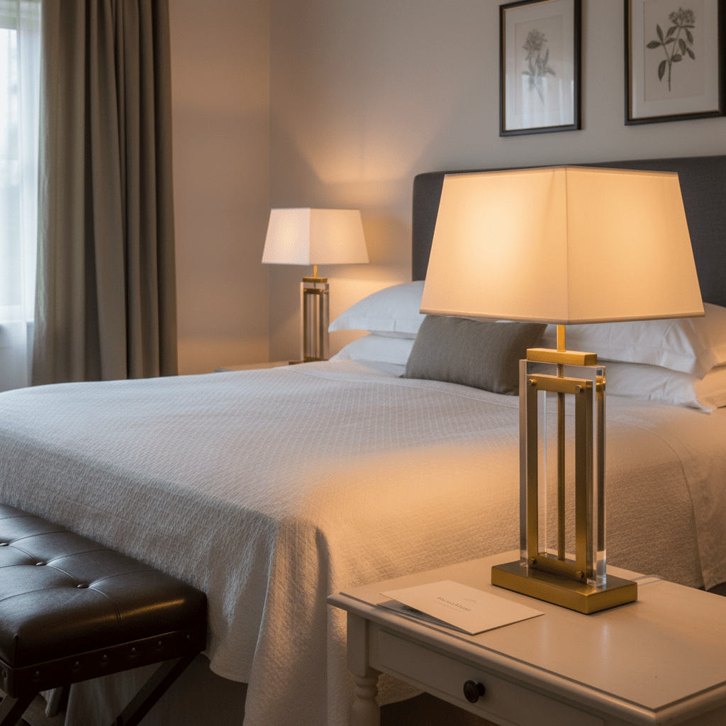 A stylish bedroom featuring two table lamps with white shades on bedside tables, creating a warm ambiance.