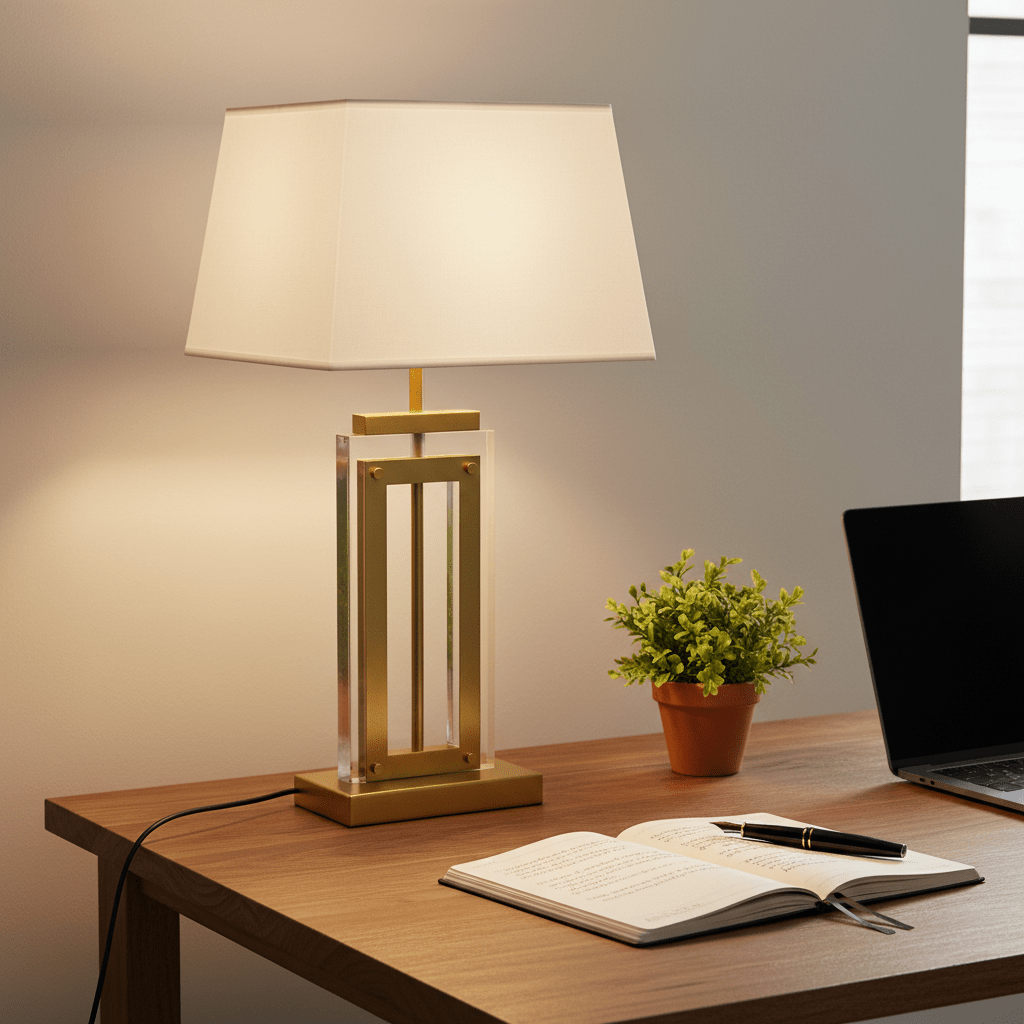 Antique brass and acrylic table lamp on a wooden desk with a plant, notebook, and laptop.