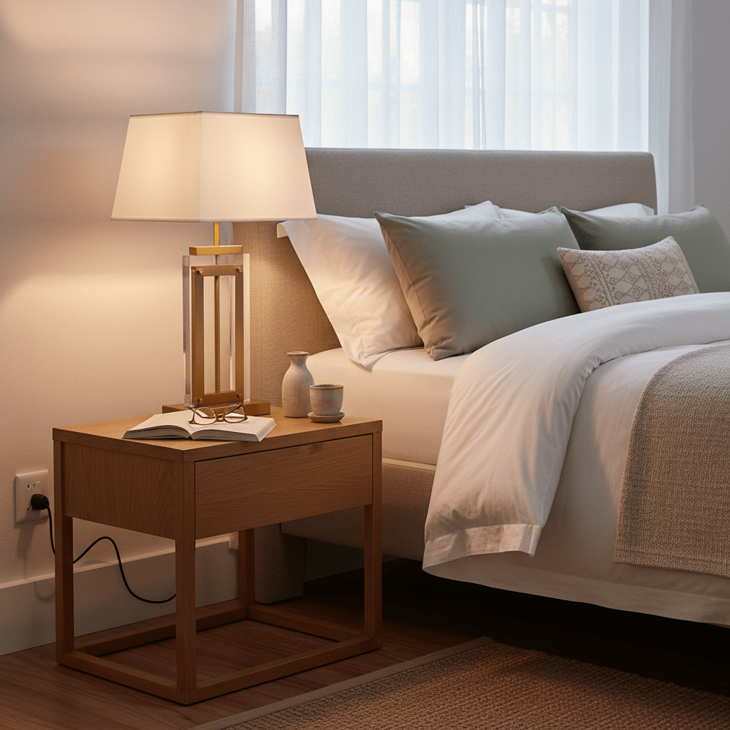 Antique brass and acrylic table lamp on a bedside table with a book and glasses, soft lighting in a cozy bedroom.