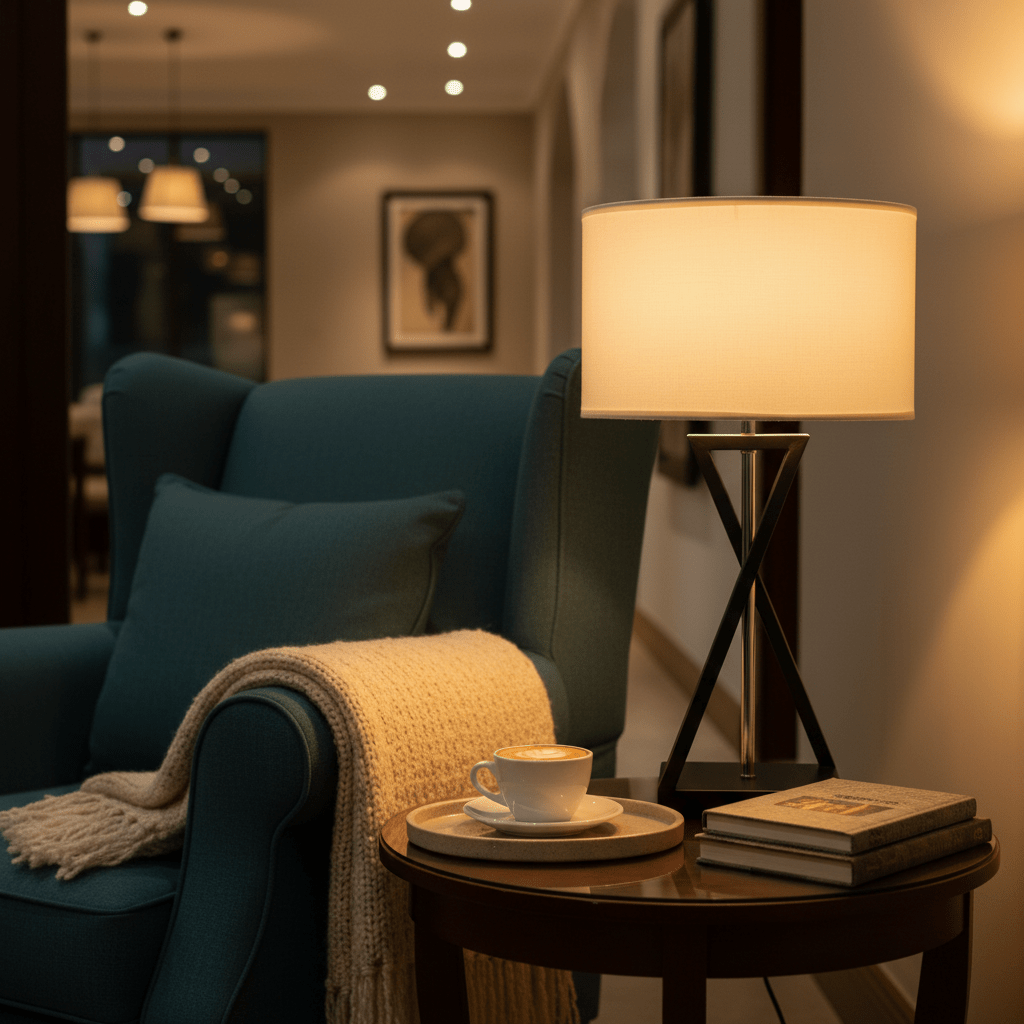 Collins Table Lamp beside a cozy armchair with a blanket and coffee cup on a side table.