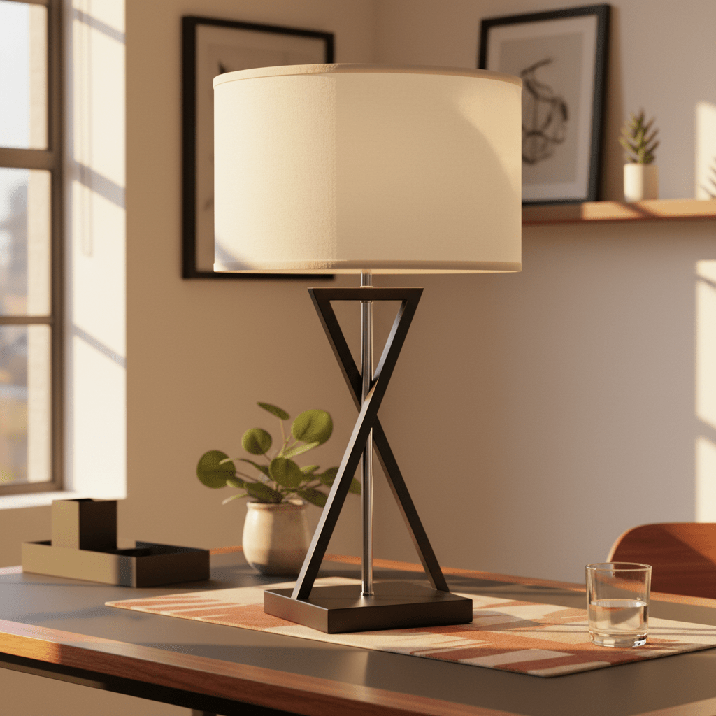 Collins Table Lamp with a black-and-chrome base and soft fabric shade on a desk, surrounded by decor.