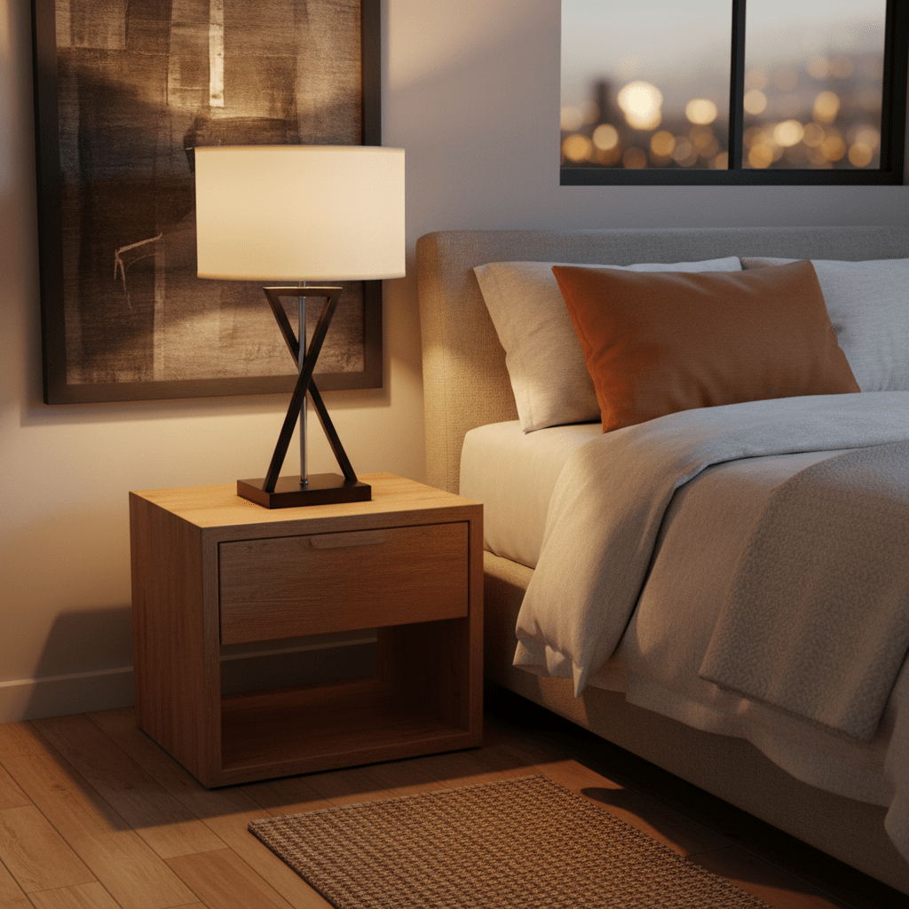 Collins Table Lamp on a wooden bedside table, casting a warm glow beside a cozy bed.
