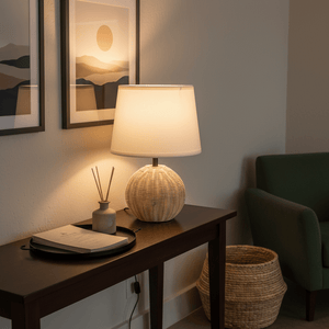Ammeline Rattan & White Table Lamp on a wooden console table with decorative items and framed artwork.