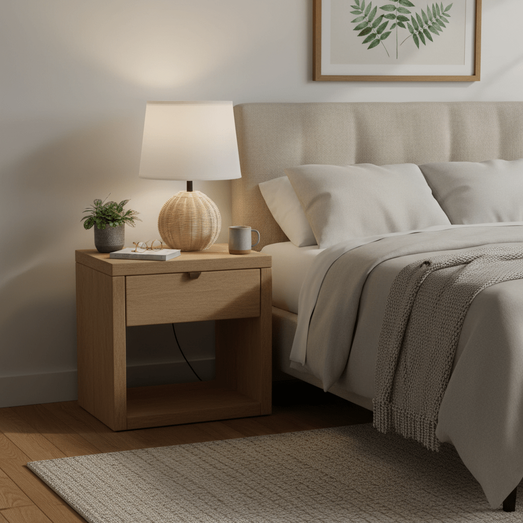 Ammeline Rattan & White Table Lamp on a bedside table next to a cozy bed, with a plant and mug.