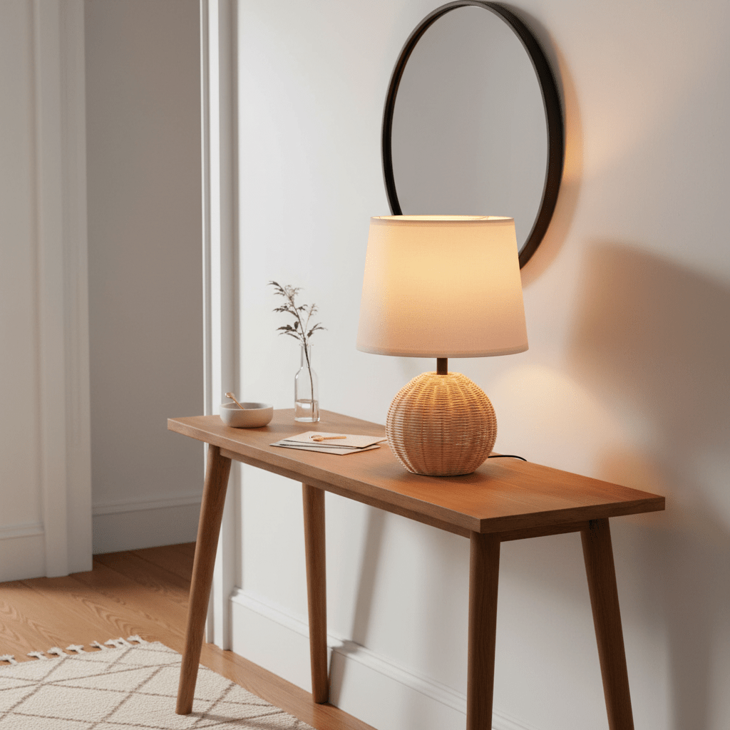 Ammeline Rattan & White Table Lamp on a wooden console table with a round mirror and decorative items.