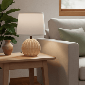 Ammeline Rattan & White Table Lamp on a wooden side table, with a plant and decorative vase nearby.