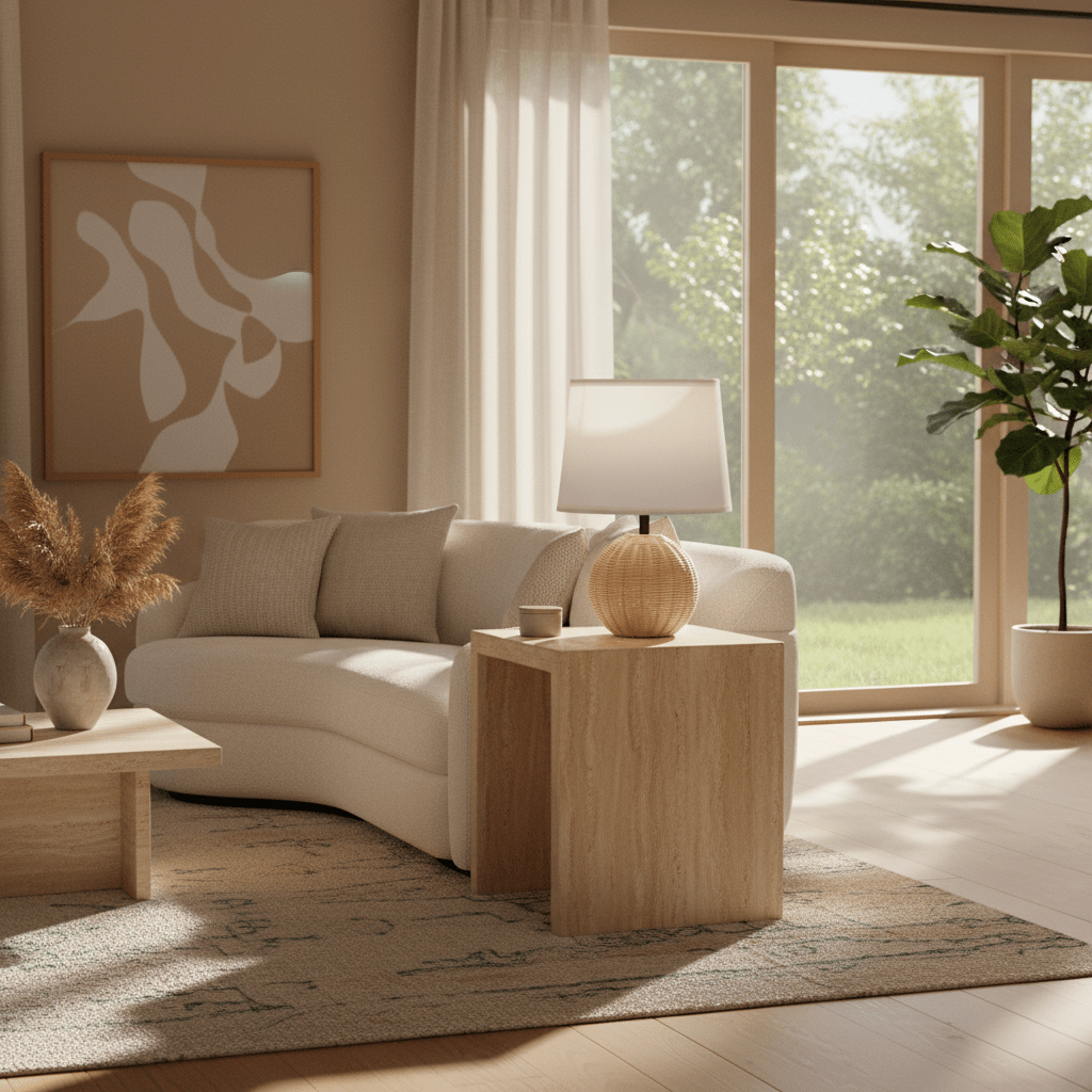 Ammeline Rattan & White Table Lamp on a wooden side table next to a cozy sofa in a sunlit living room.