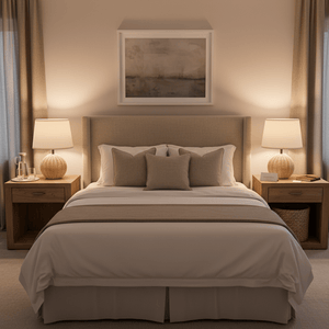 Ammeline Rattan & White Table Lamp on a bedside table in a cozy bedroom setting, providing warm light.