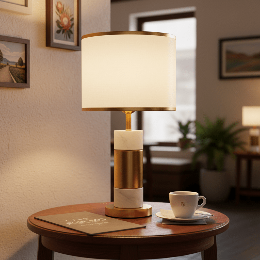 Dawn White & Gold Table Lamp on a wooden bedside table with a coffee cup and magazine, in a cozy room setting.