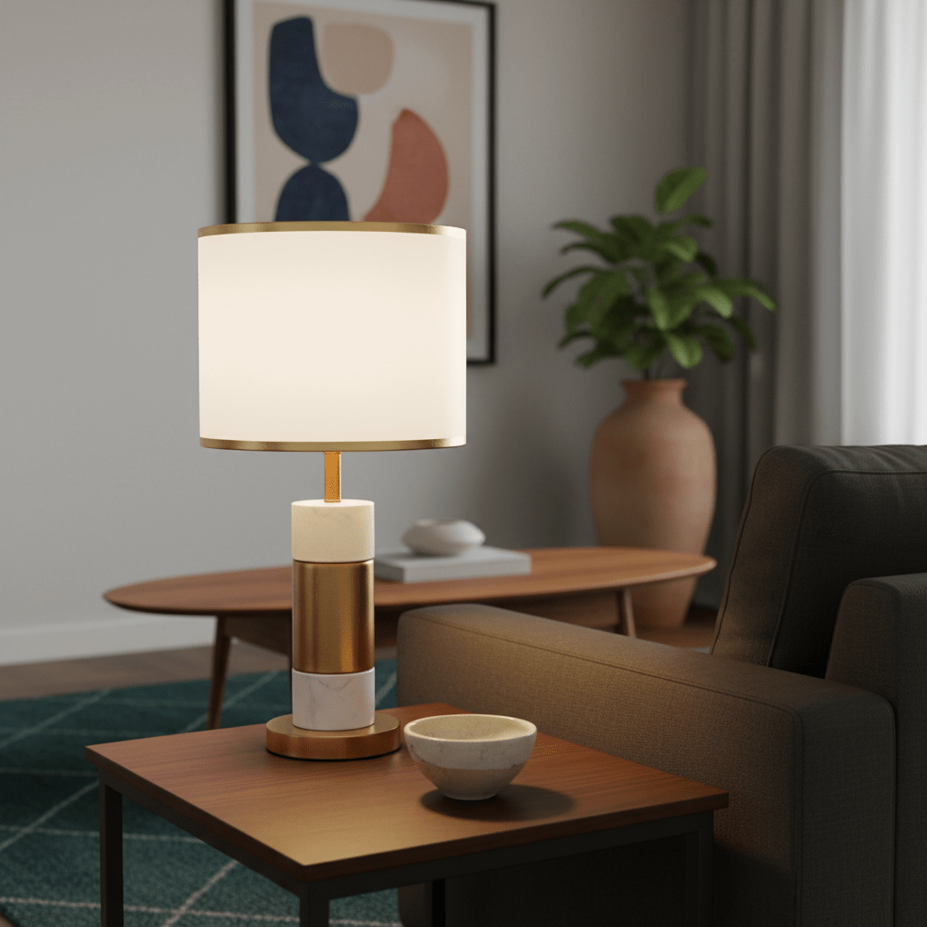 Dawn White & Gold Table Lamp on a wooden bedside table in a contemporary bedroom setting.