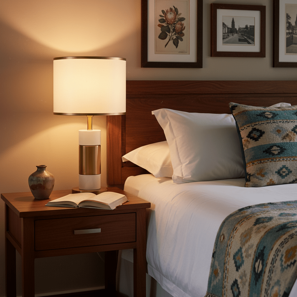 Dawn White & Gold Table Lamp on a wooden bedside table beside a neatly made bed, creating a cozy atmosphere.