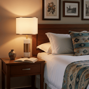Dawn White & Gold Table Lamp on a wooden bedside table beside a neatly made bed, creating a cozy atmosphere.
