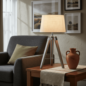 Arabella Wood & Chrome Table Lamp on a side table beside a cozy sofa, with decorative vase and textured runner.