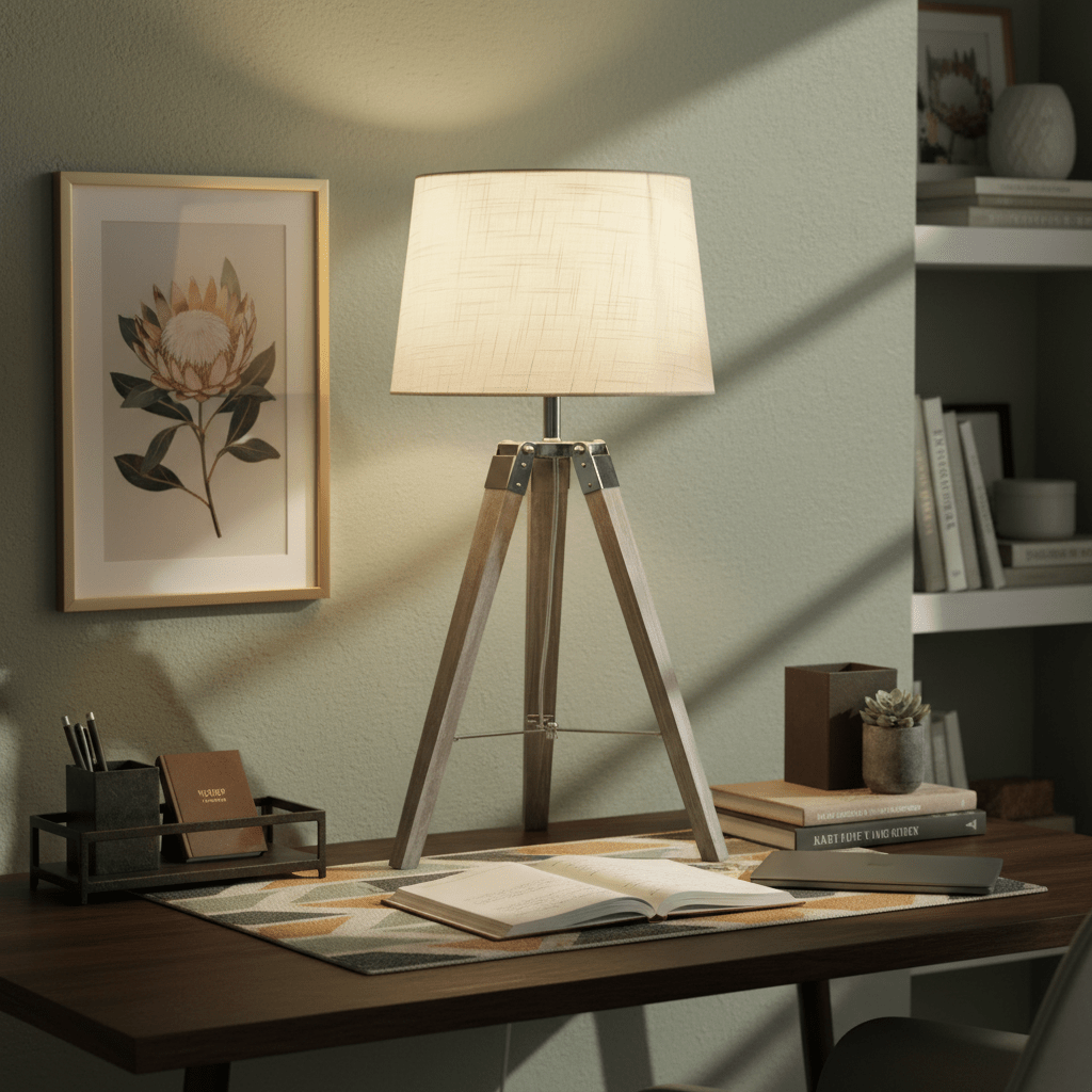 Arabella Wood & Chrome Table Lamp on a desk with books and a framed botanical print.