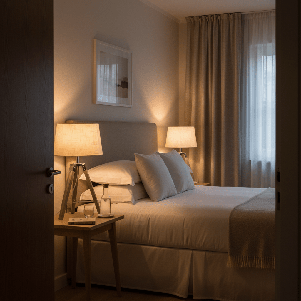 Cozy bedroom scene featuring two Arabella Wood & Chrome Table Lamps on bedside tables, softly illuminating the space.