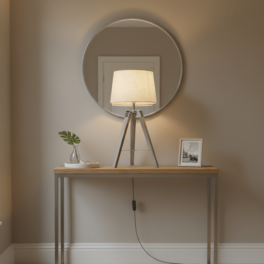 Arabella Wood & Chrome Table Lamp on a wooden console table with a round mirror and decorative items.