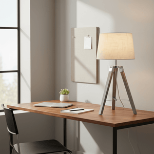 Arabella Wood & Chrome Table Lamp on a modern desk with a laptop and notebook, enhancing workspace ambiance.