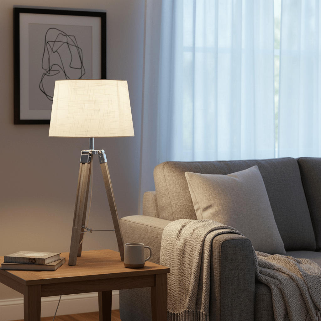 Arabella Wood & Chrome Table Lamp on a side table beside a cozy sofa, casting warm light in a living room.