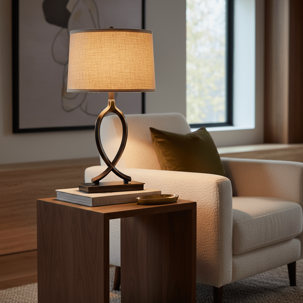 A black and gold table lamp with a fabric shade sits on a wooden side table, beside a cream-colored armchair and a green pillow.