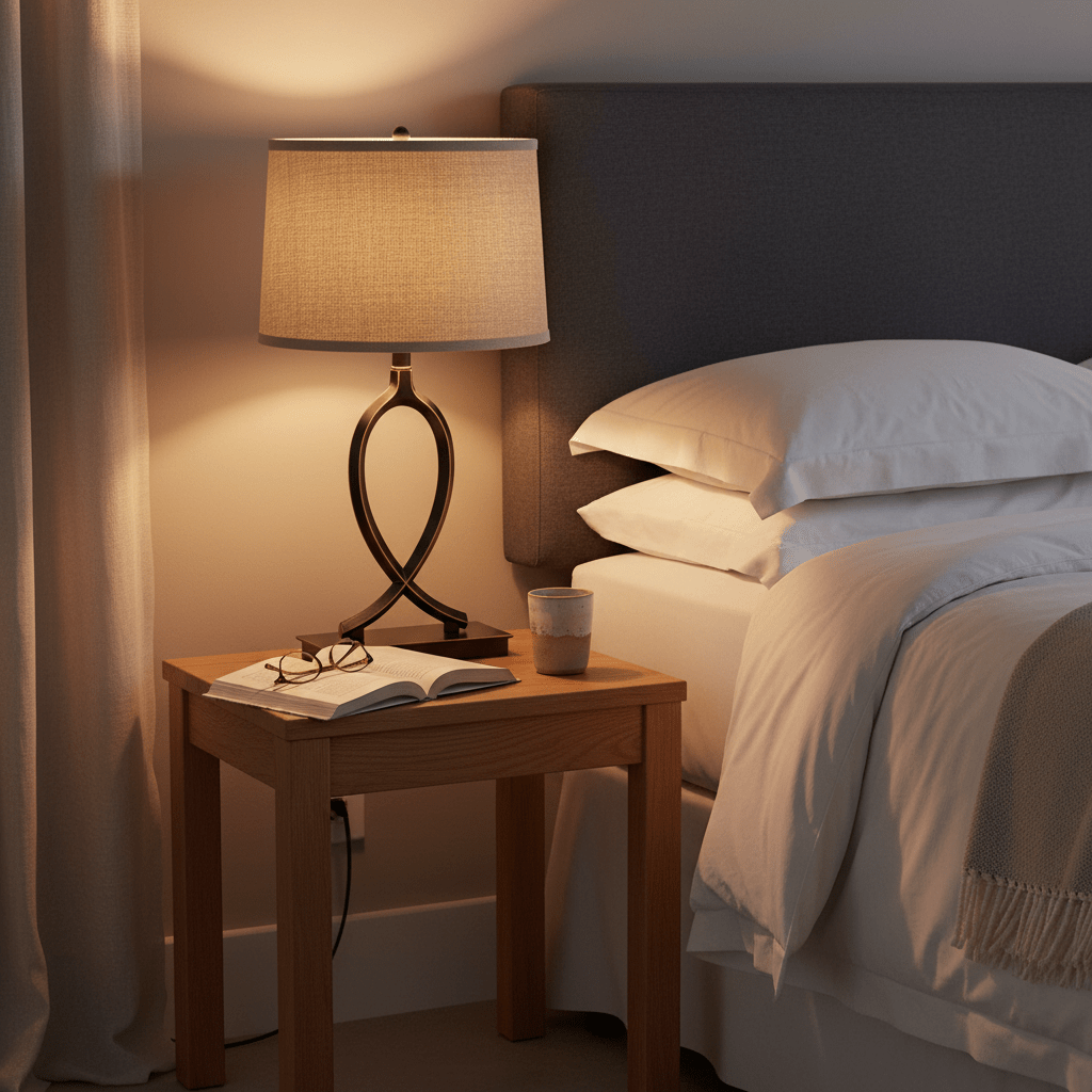 A black gold table lamp with a fabric shade sits on a wooden nightstand beside a bed with white linens and stacked pillows.
