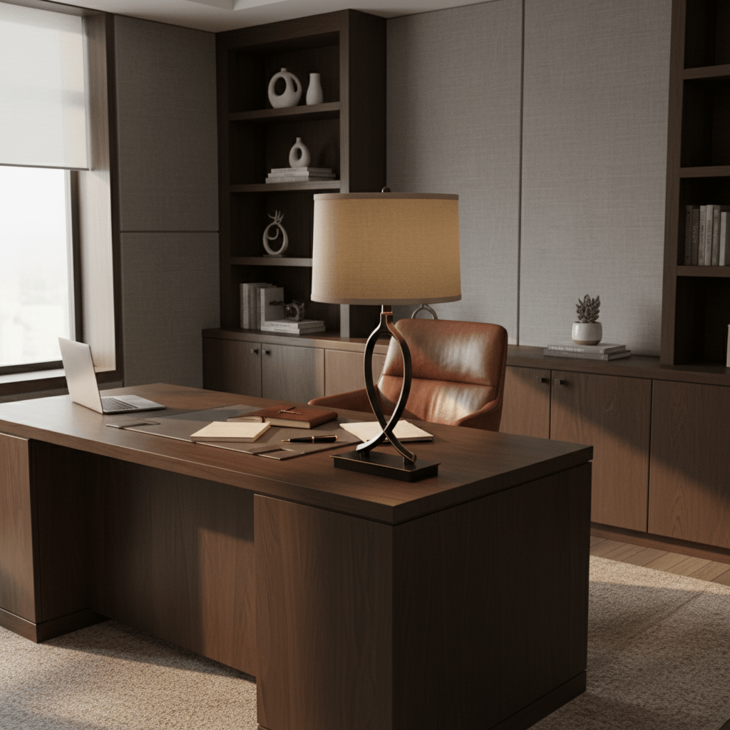 A black and gold table lamp sits on a dark wood desk, surrounded by books, a laptop, and stationery in a modern office setting.