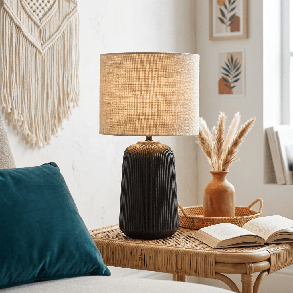 Black Tall Ribbed Ceramic Table Lamp