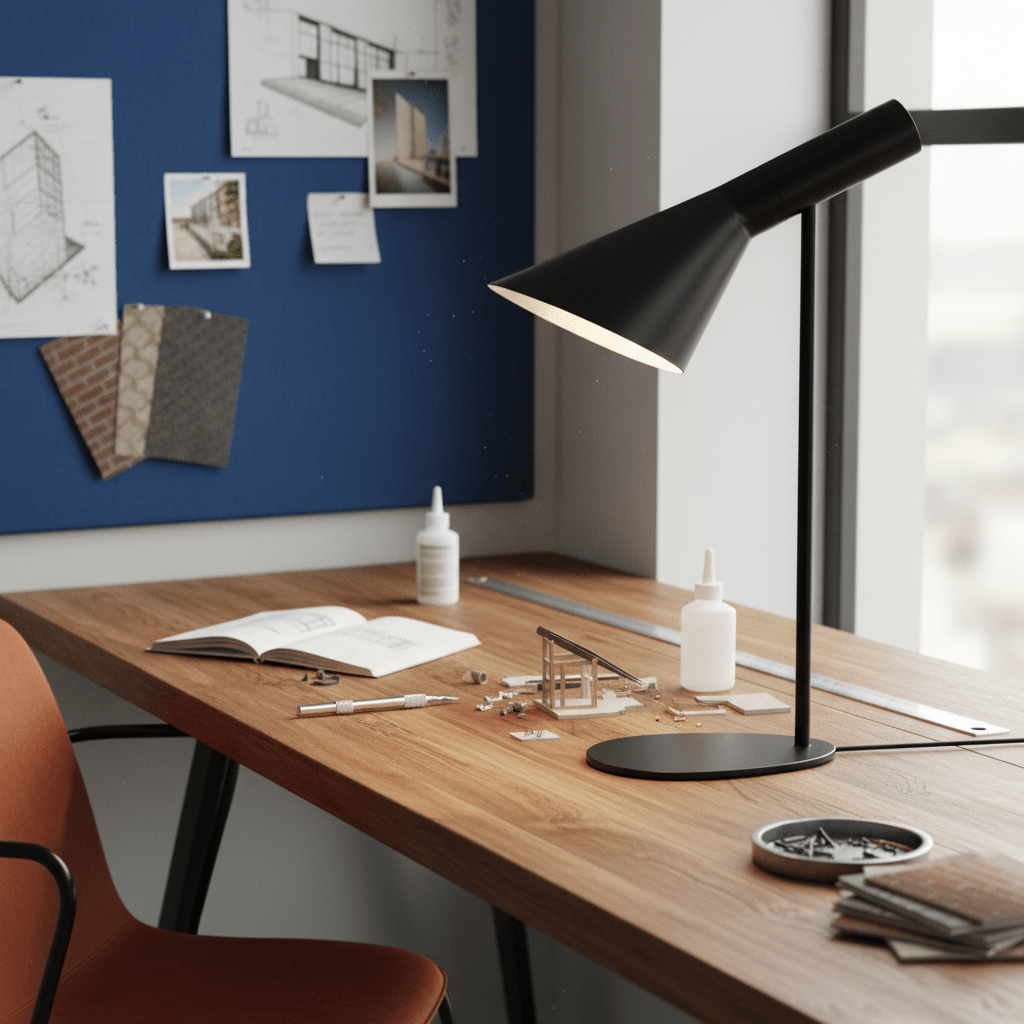 Black metal desk lamp with adjustable head illuminating a workspace with a notebook and tools.