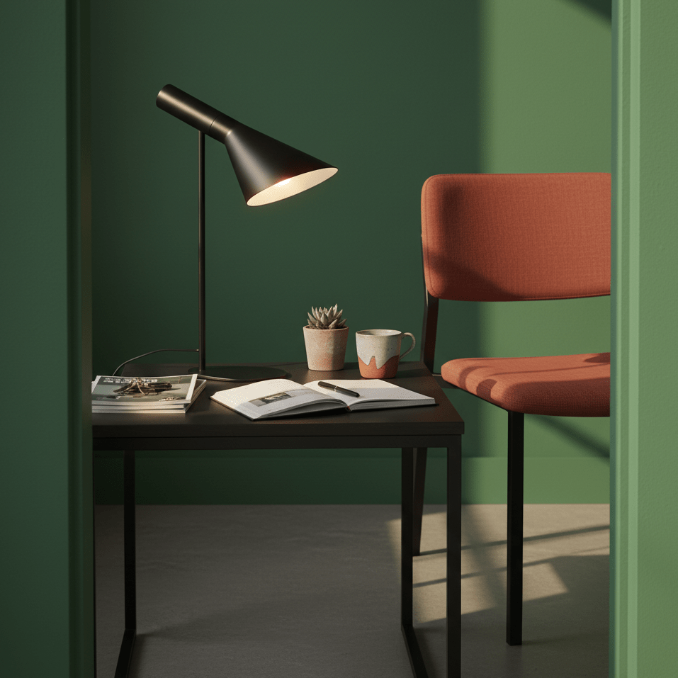 Black metal table lamp with adjustable head on a desk beside a notebook and a plant, featuring a green wall backdrop.