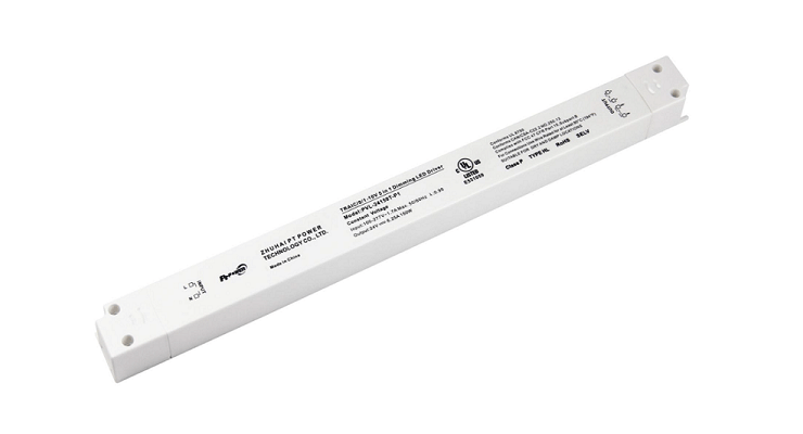 LED dimmable power supply in a sleek white casing, designed for 24Vdc applications.