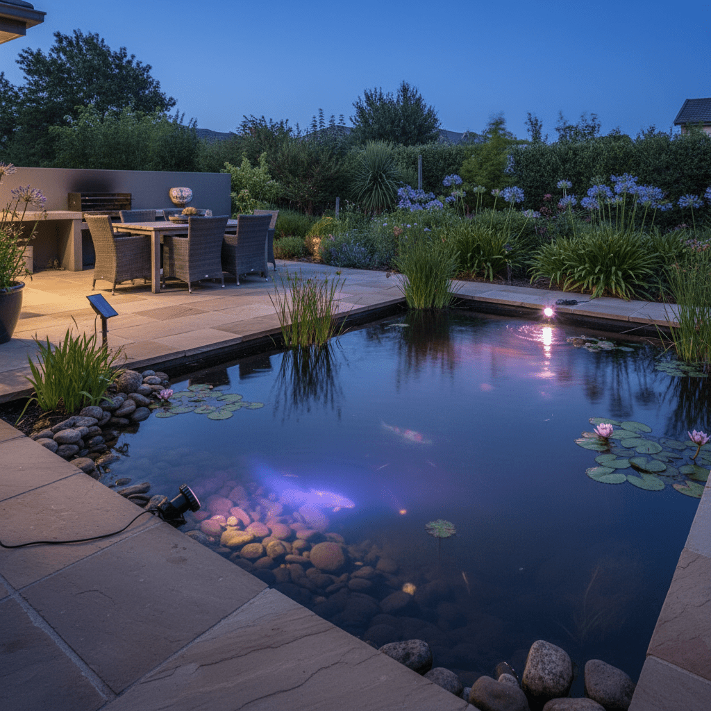 Solar RGB pond light kit illuminating a garden pond with vibrant colors, surrounded by plants and stones.