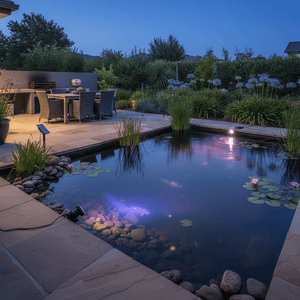Solar RGB pond light kit illuminating a garden pond with vibrant colors, surrounded by plants and stones.