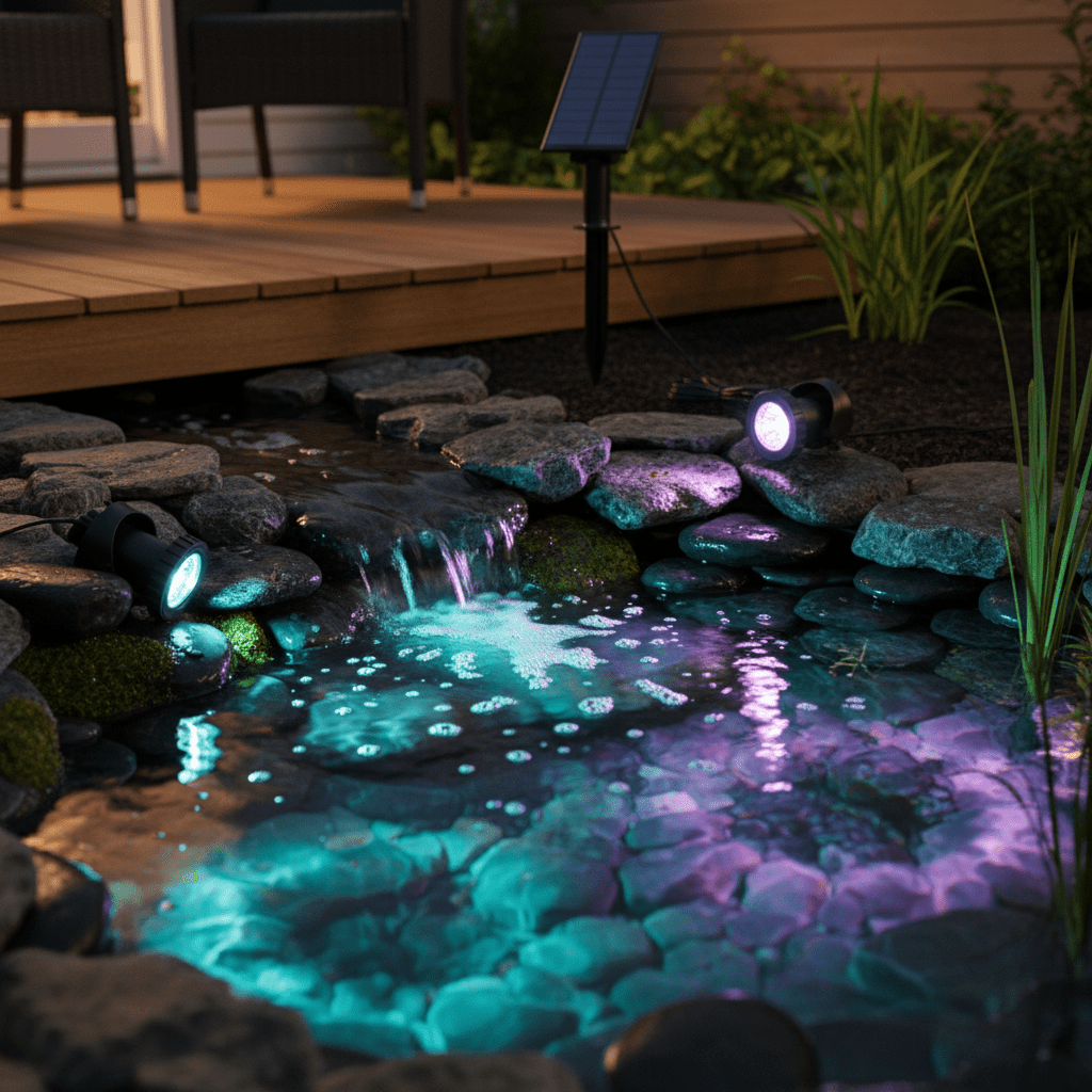 RGB pond lights illuminating a water feature with colorful reflections on stones and water.