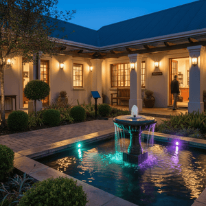 RGB pond light kit illuminating a fountain at dusk, showcasing vibrant colors in the water.