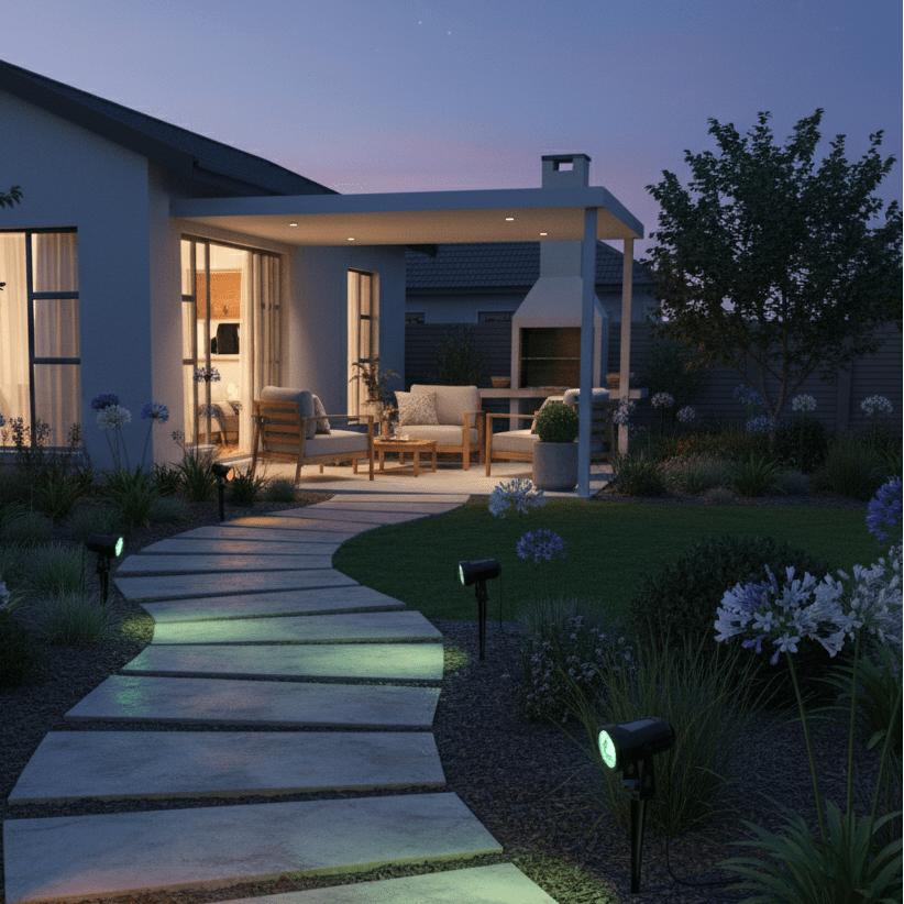 RGB solar spike lights illuminating a garden pathway at dusk, highlighting plants and outdoor seating.