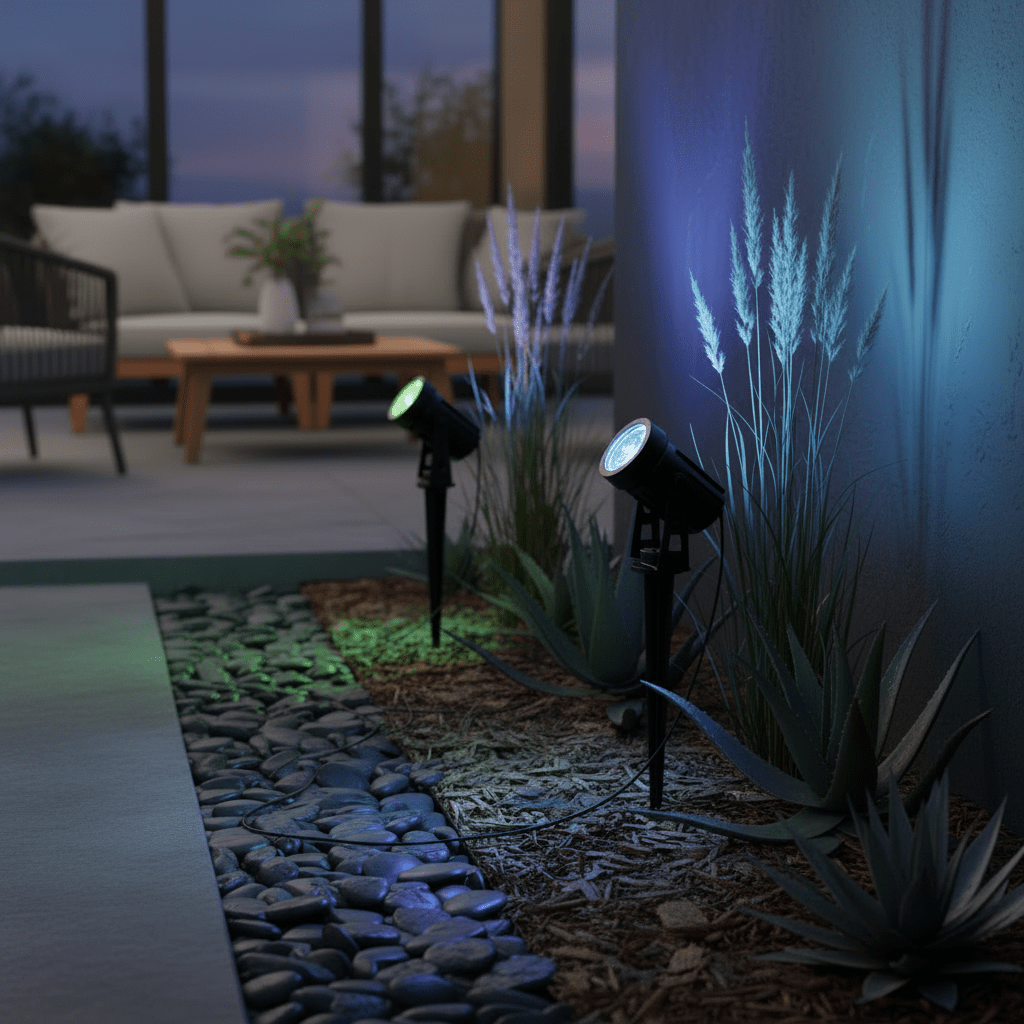 RGB solar spike lights illuminating garden plants and pathway with colorful accents at dusk.