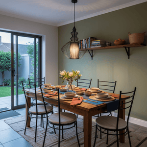 Tokyo 2 Black Wire Frame Pendant light hanging over a dining table set with plates and flowers.