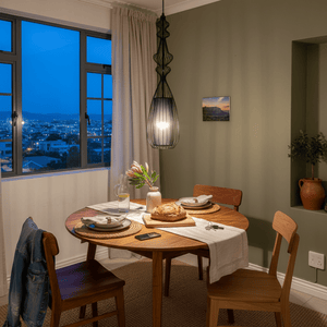Tokyo 3 Black Wire Frame Pendant light hanging over a wooden dining table set for a meal, with a city view at dusk.
